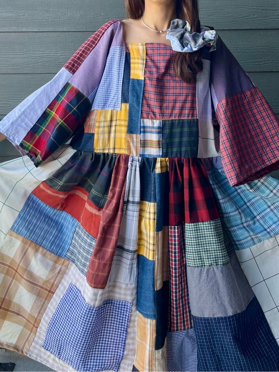 Handmade Dresses & Skirts - Handmade Quilted Patchwork Plaid Dress SKU 06155 With Matching Scrunchies